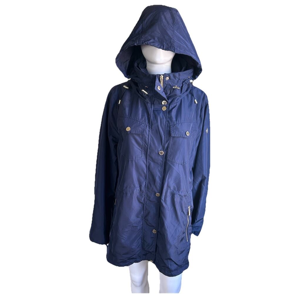 Michael Kors NWT Hooded Rain Jacket Coat Womens XL Navy Utility Anorak Zip